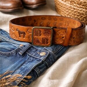 Brown Leather Belt with Embossed horse Design